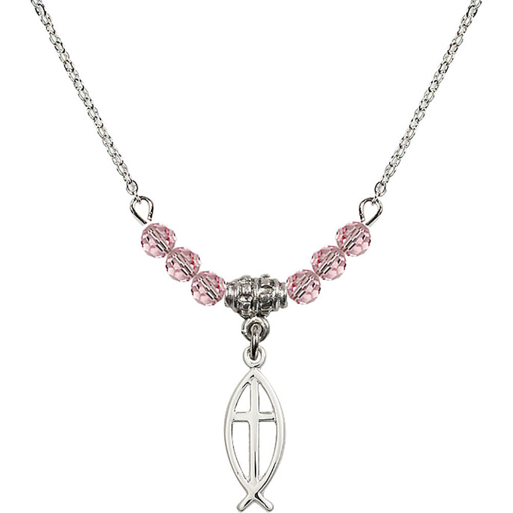 Sterling Silver Fish / Cross Birthstone Necklace with Light Rose Beads - 4251