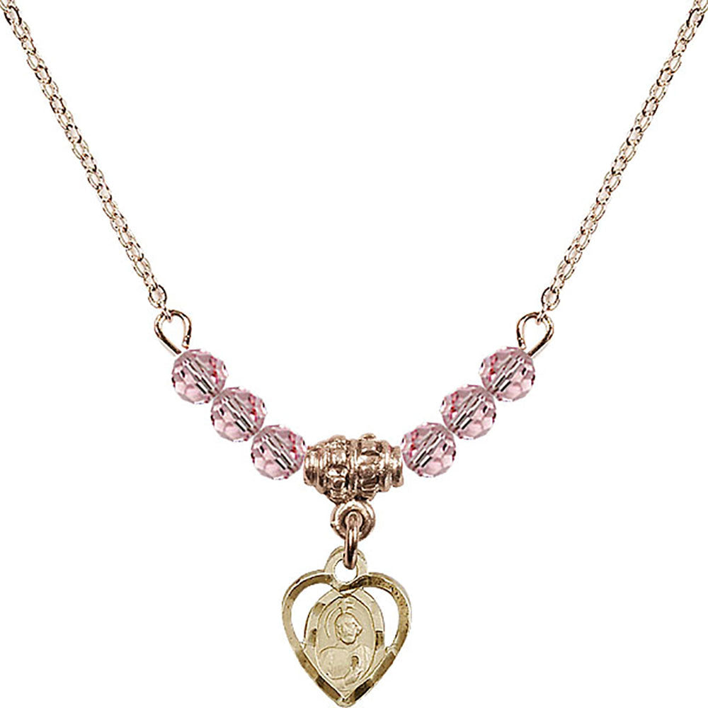 14kt Gold Filled Saint Jude Birthstone Necklace with Light Rose Beads - 5404