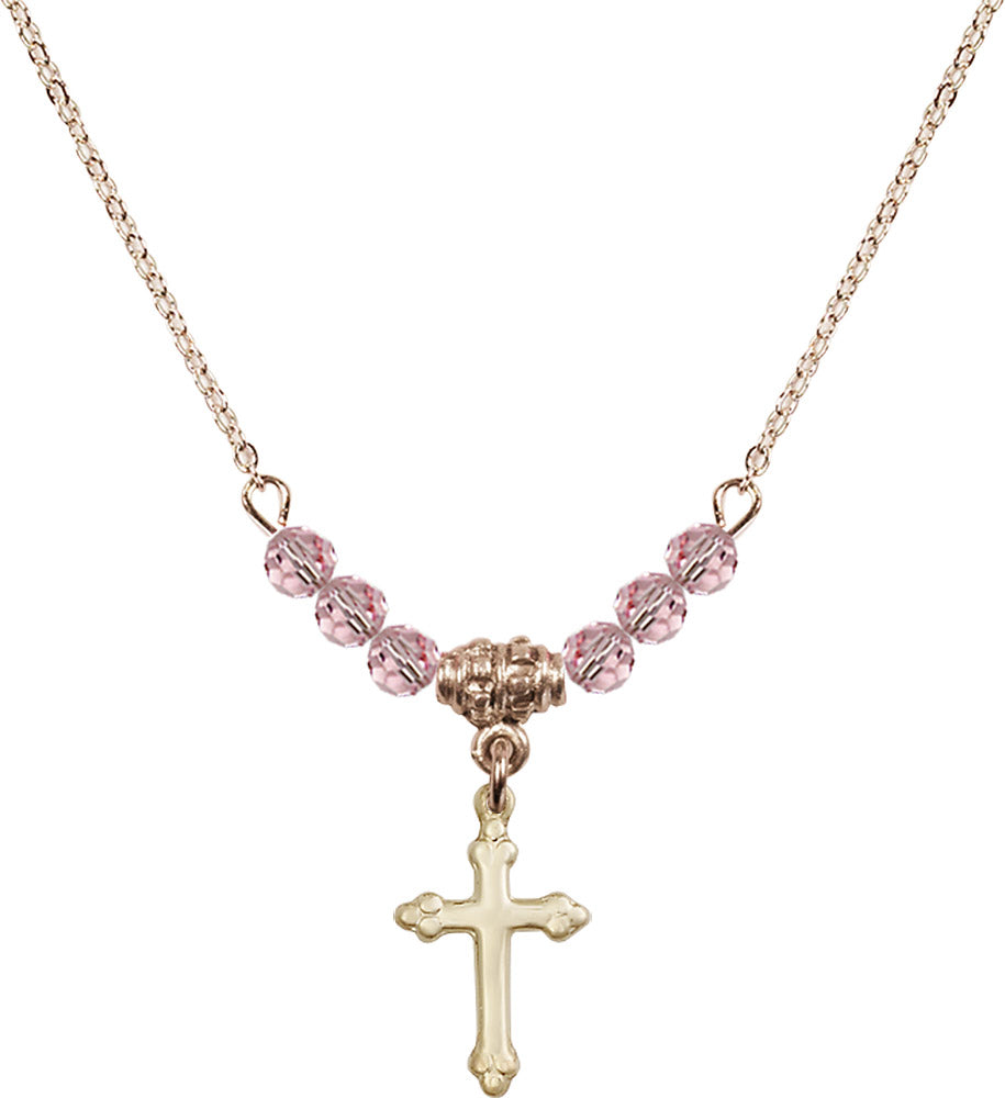 14kt Gold Filled Cross Birthstone Necklace with Light Rose Beads - 5415