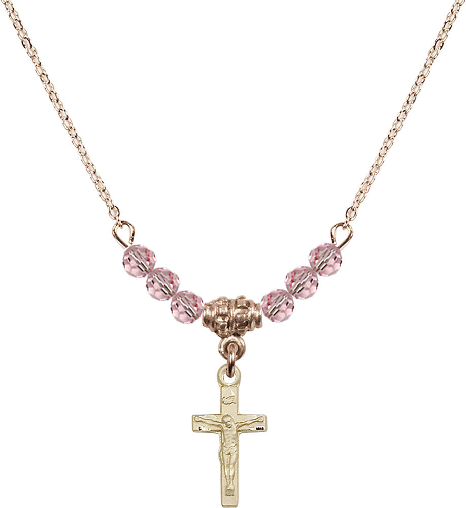 14kt Gold Filled Crucifix Birthstone Necklace with Light Rose Beads - 5417