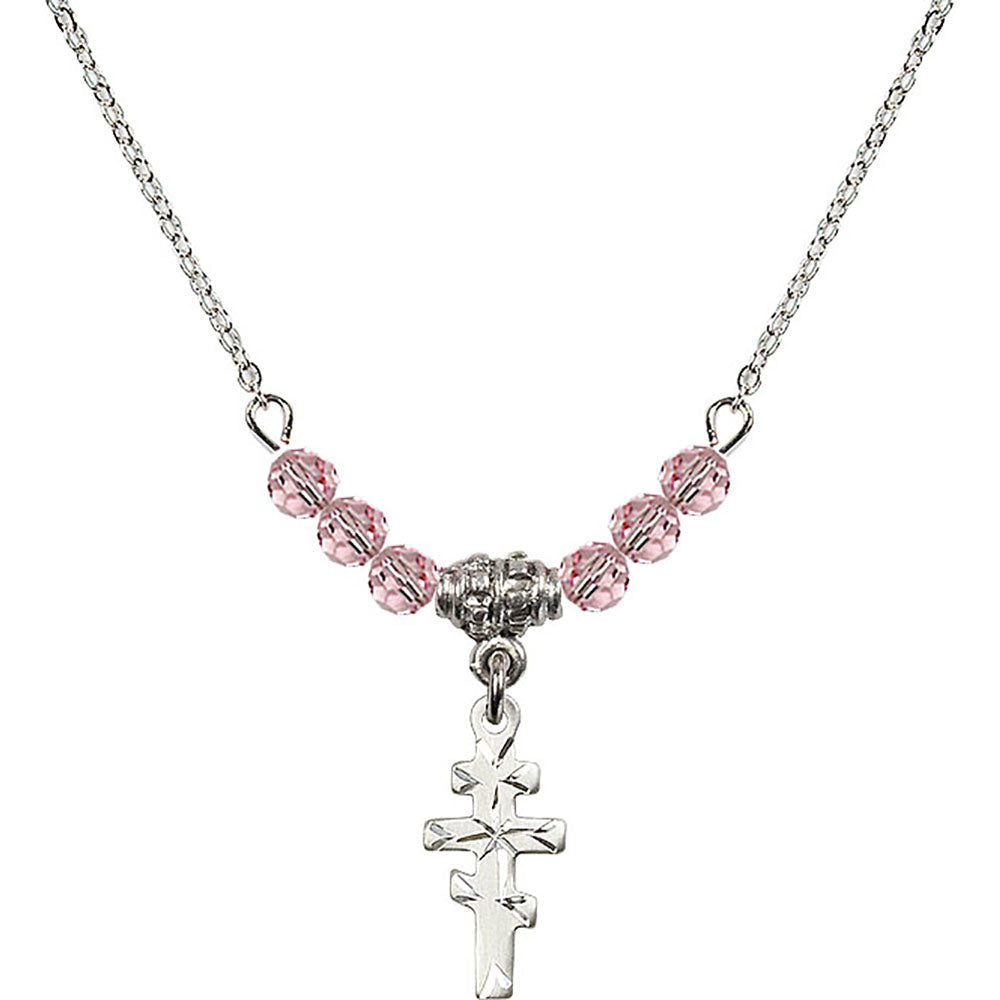 Sterling Silver Greek Orthadox Cross Birthstone Necklace with Light Rose Beads - 5654