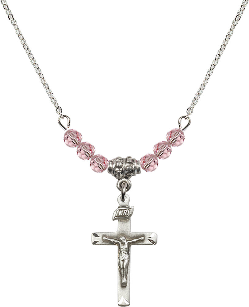 Sterling Silver Crucifix Birthstone Necklace with Light Rose Beads - 5668