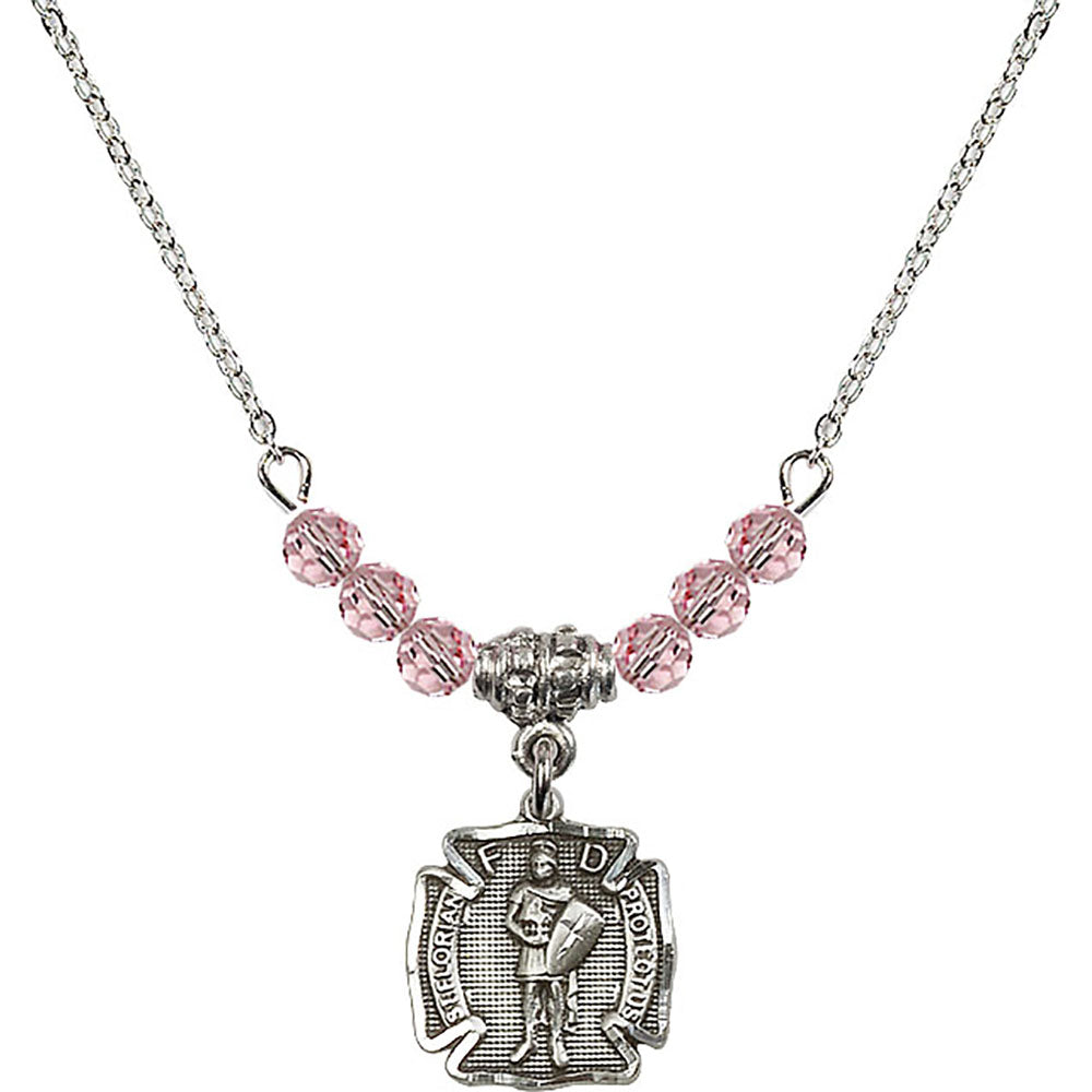 Sterling Silver Saint Florian Birthstone Necklace with Light Rose Beads - 5686