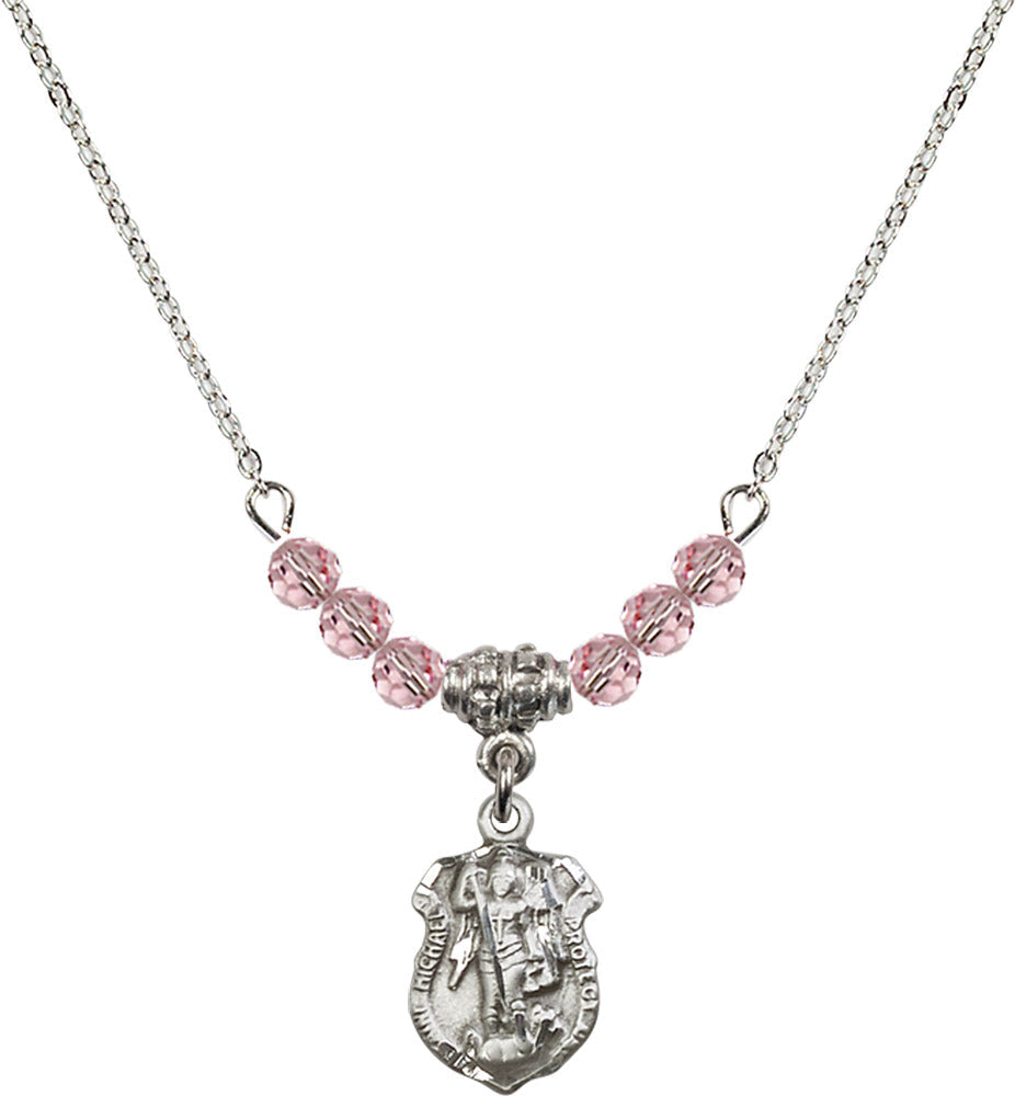 Sterling Silver Saint Michael the Archangel Birthstone Necklace with Light Rose Beads - 5699