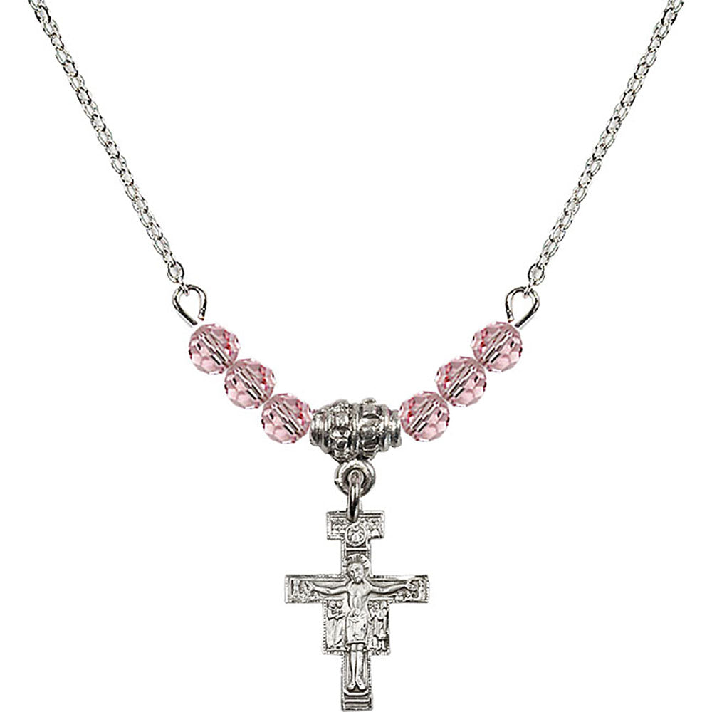 Sterling Silver San Damiano Crucifix Birthstone Necklace with Light Rose Beads - 6078