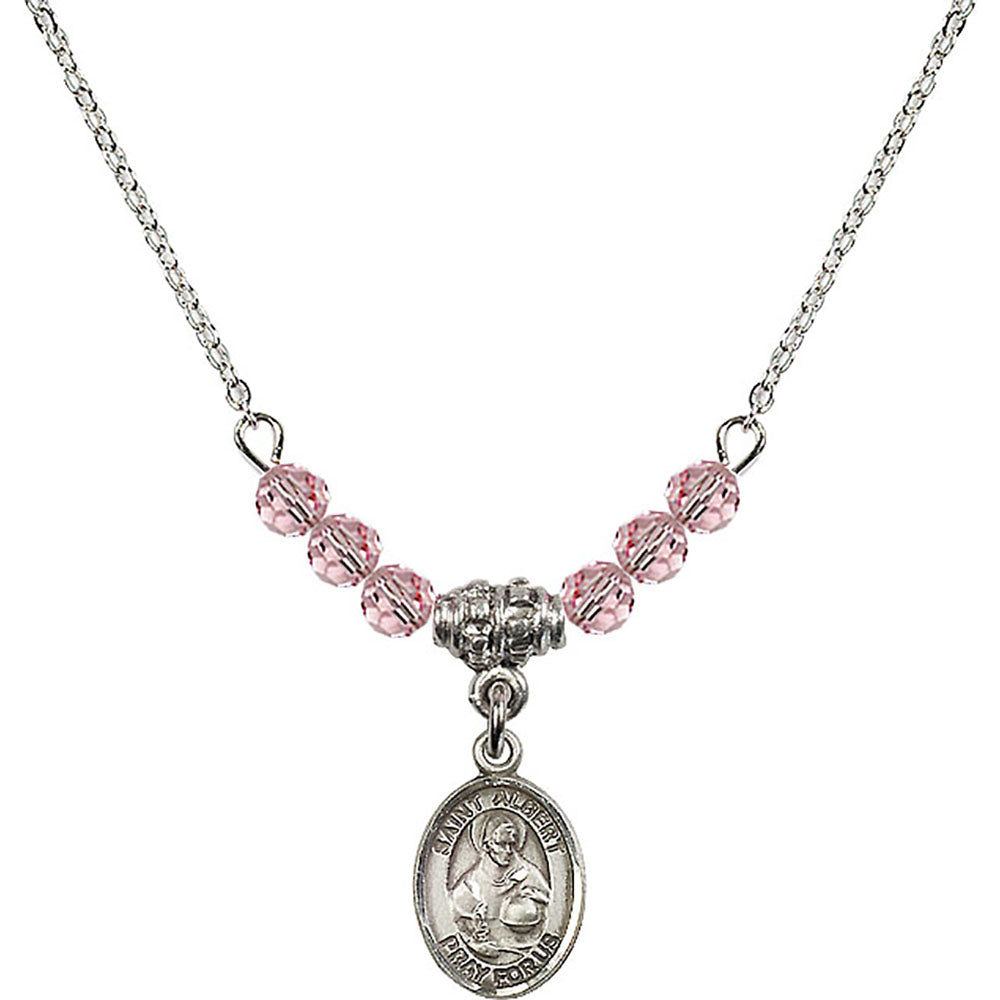 Sterling Silver Saint Albert the Great Birthstone Necklace with Light Rose Beads - 9001