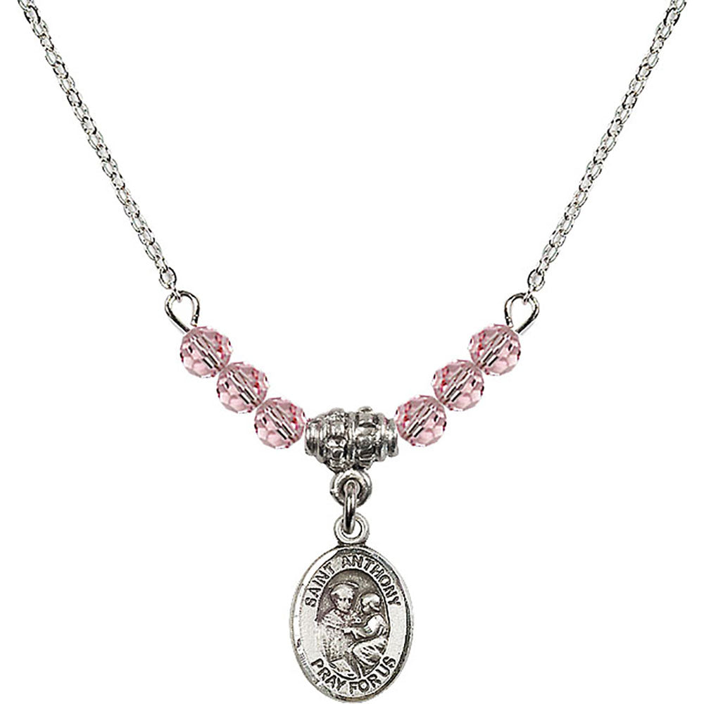 Sterling Silver Saint Anthony of Padua Birthstone Necklace with Light Rose Beads - 9004