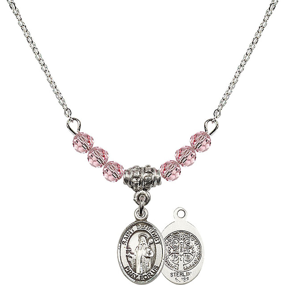 Sterling Silver Saint Benedict Birthstone Necklace with Light Rose Beads - 9008
