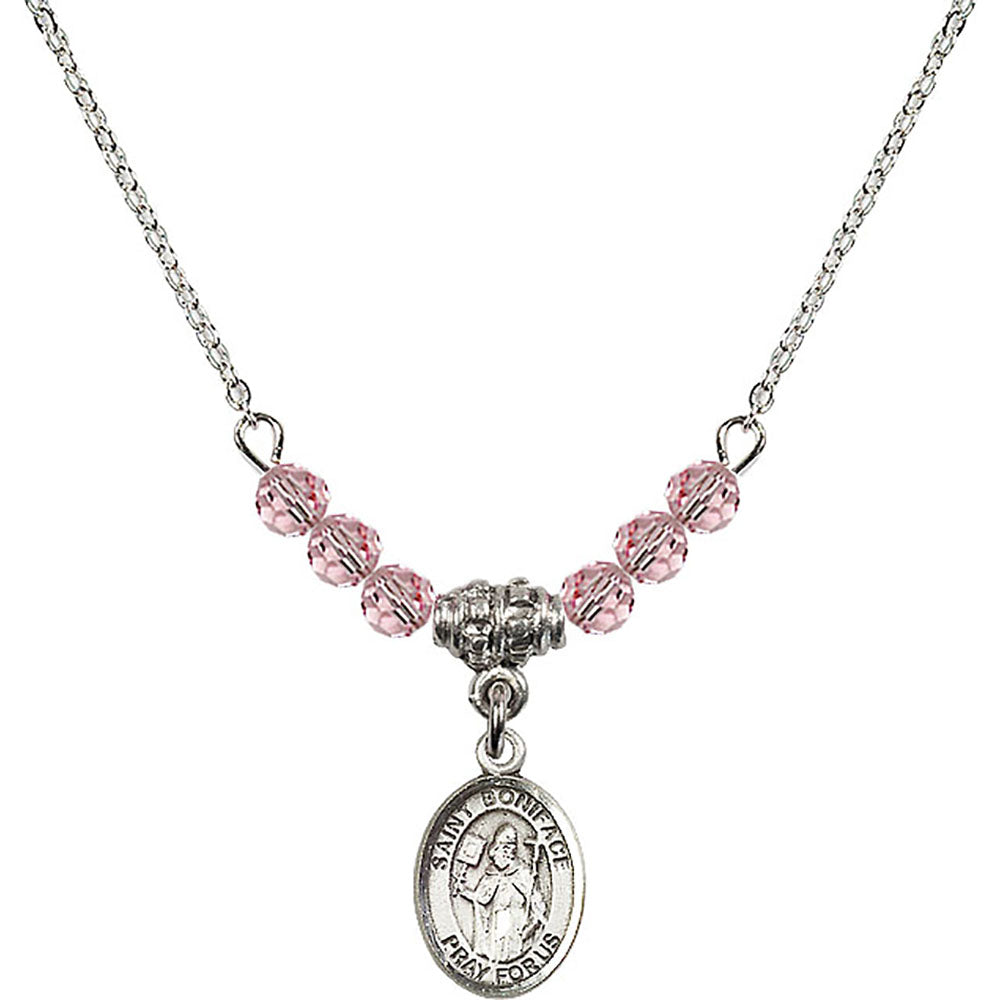 Sterling Silver Saint Boniface Birthstone Necklace with Light Rose Beads - 9009