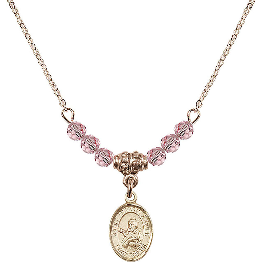14kt Gold Filled Saint Francis Xavier Birthstone Necklace with Light Rose Beads - 9037