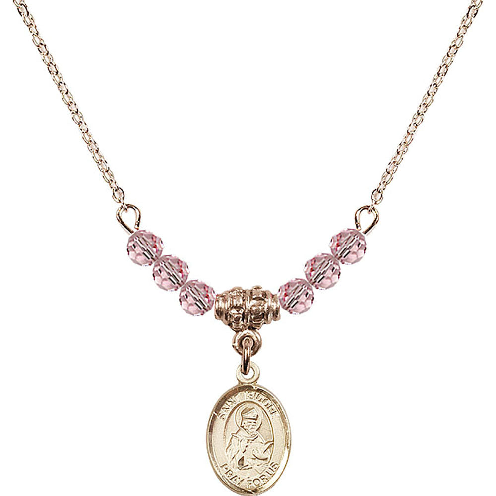14kt Gold Filled Saint Isidore of Seville Birthstone Necklace with Light Rose Beads - 9049