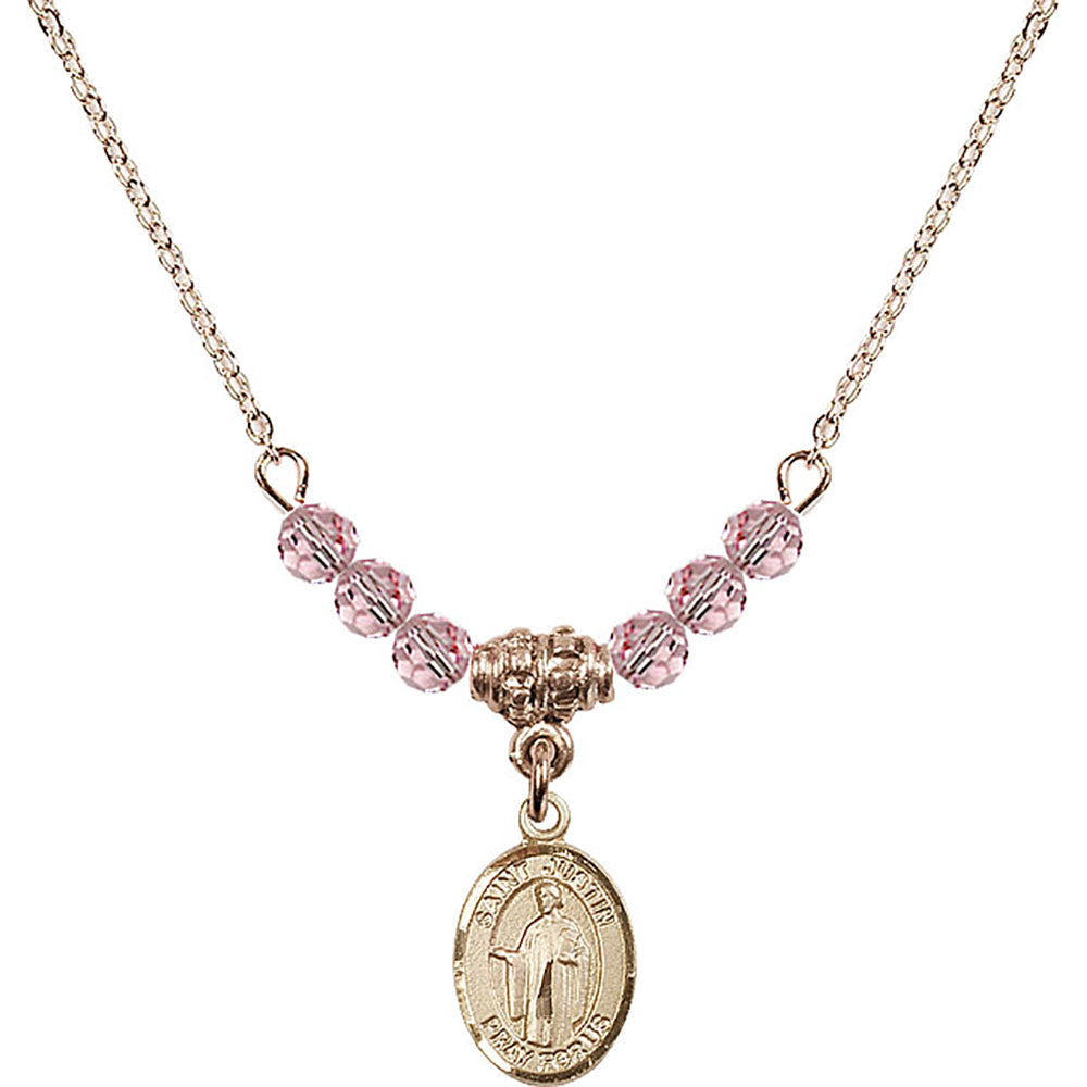 14kt Gold Filled Saint Justin Birthstone Necklace with Light Rose Beads - 9052