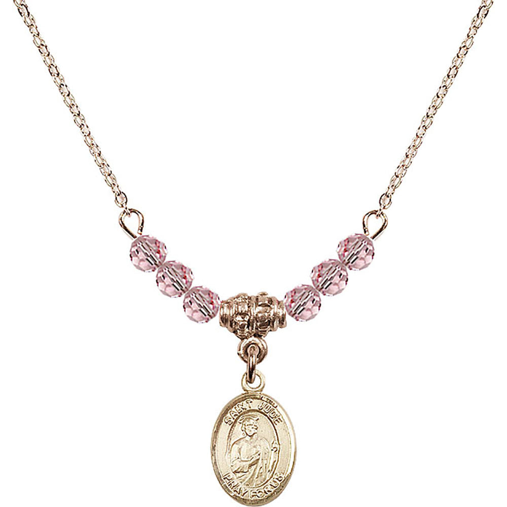 14kt Gold Filled Saint Jude Thaddeus Birthstone Necklace with Light Rose Beads - 9060