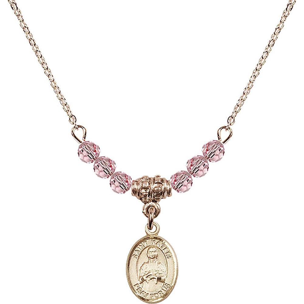 14kt Gold Filled Saint Kateri Tekakwitha Birthstone Necklace with Light Rose Beads - 9061