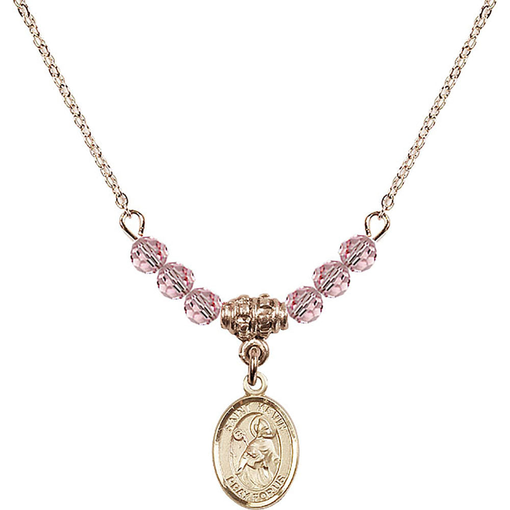 14kt Gold Filled Saint Kevin Birthstone Necklace with Light Rose Beads - 9062