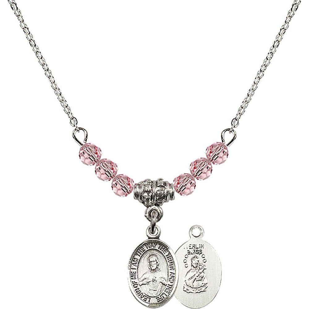 Sterling Silver Scapular Birthstone Necklace with Light Rose Beads - 9098