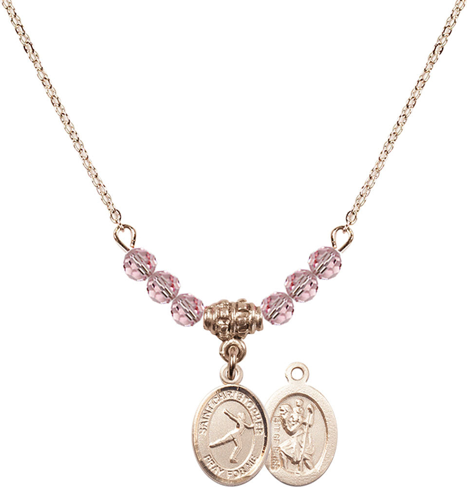 14kt Gold Filled Saint Christopher/Figure Skating Birthstone Necklace with Light Rose Beads - 9139
