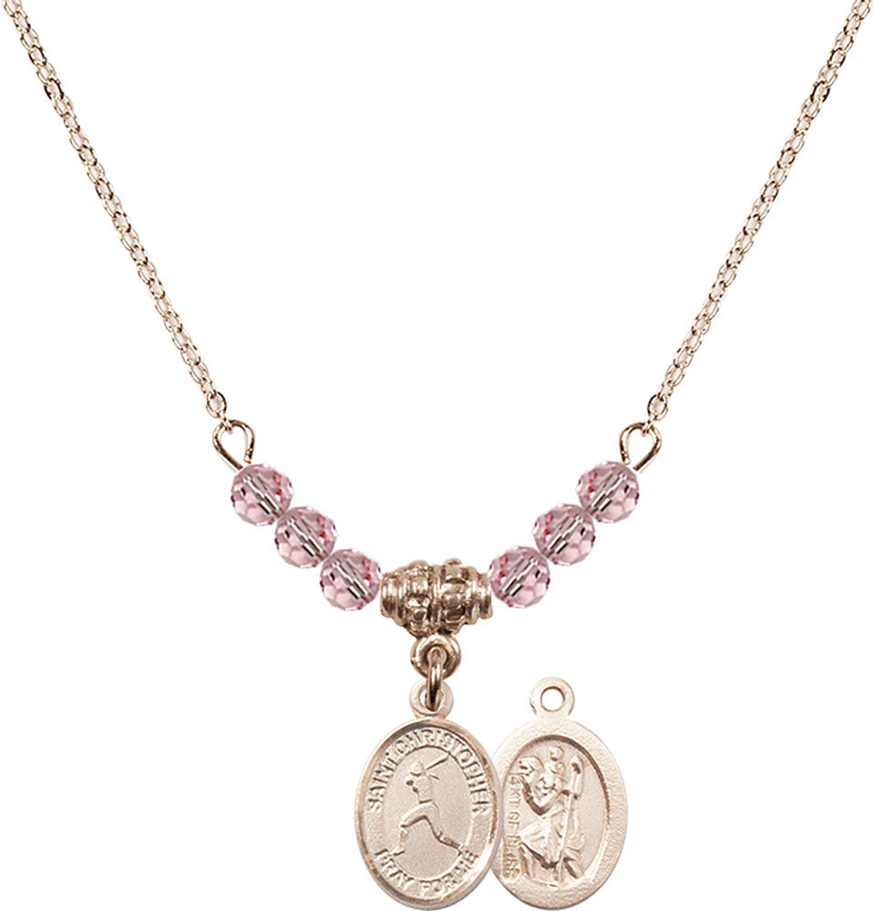 14kt Gold Filled Saint Christopher/Softball Birthstone Necklace with Light Rose Beads - 9145