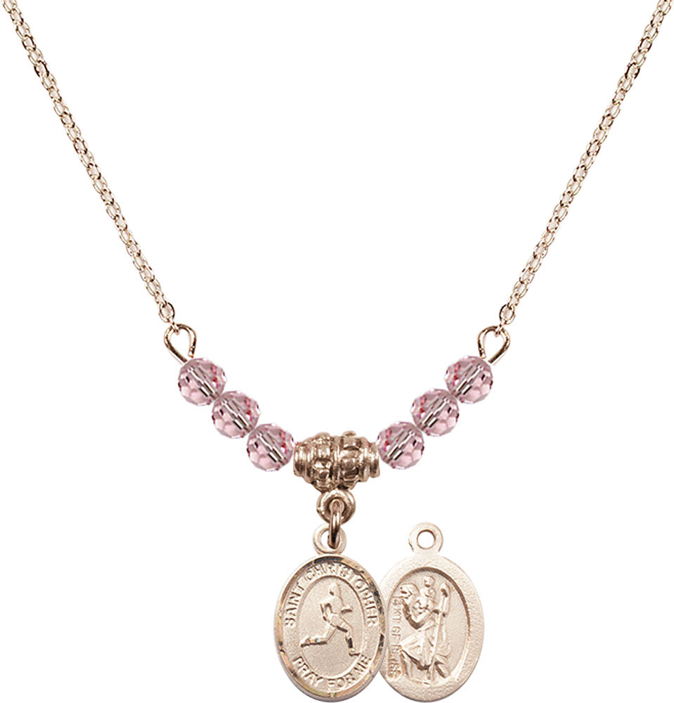 14kt Gold Filled Saint Christopher/Track & Field Birthstone Necklace with Light Rose Beads - 9149