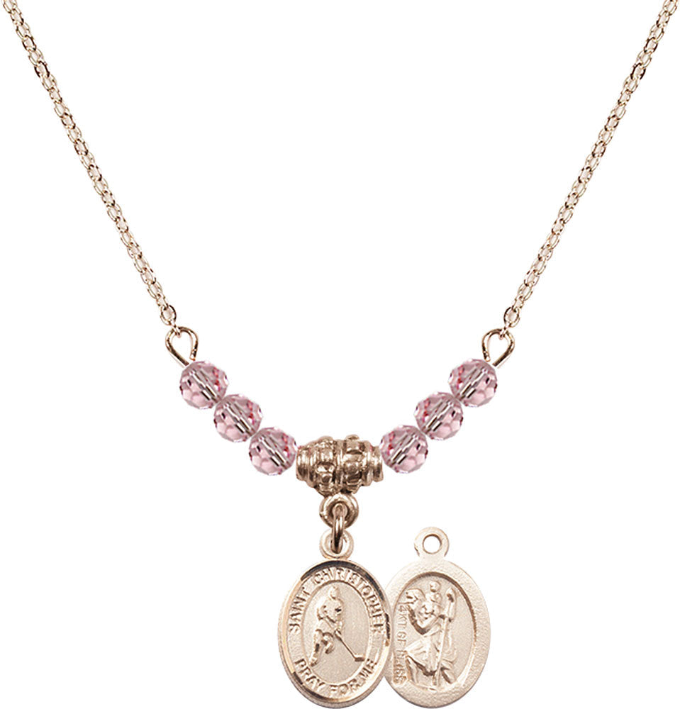 14kt Gold Filled Saint Christopher/Ice Hockey Birthstone Necklace with Light Rose Beads - 9155