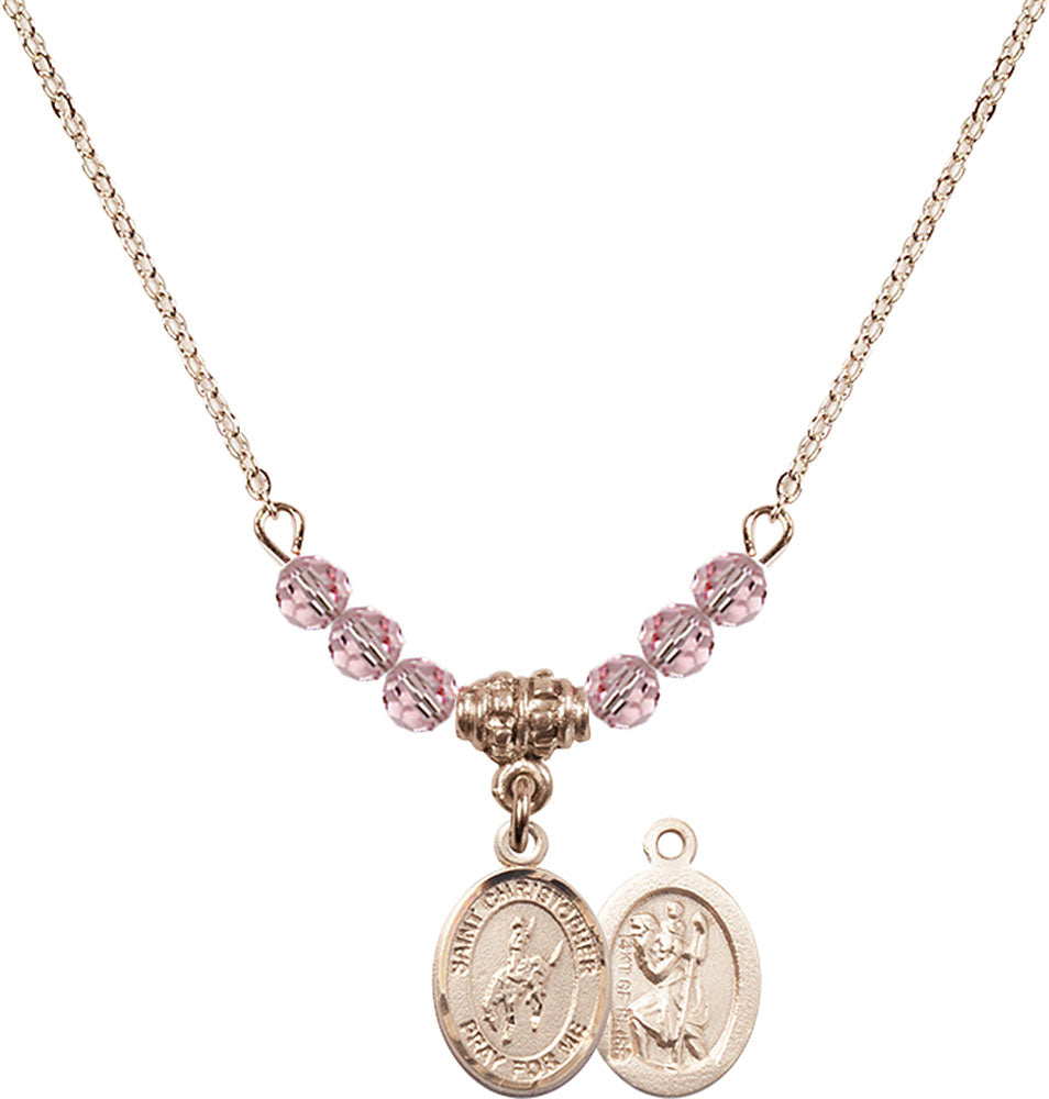 14kt Gold Filled Saint Christopher / Rodeo Birthstone Necklace with Light Rose Beads - 9192