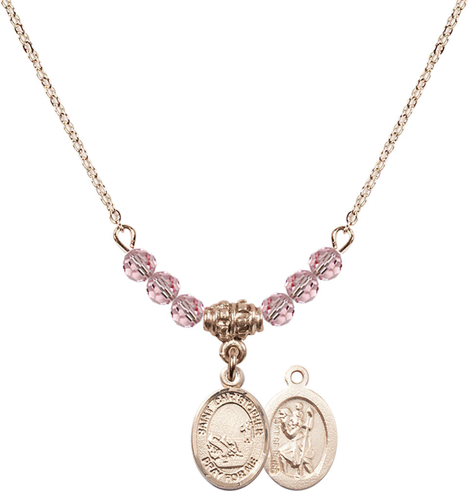 14kt Gold Filled Saint Christopher / Fishing Birthstone Necklace with Light Rose Beads - 9196