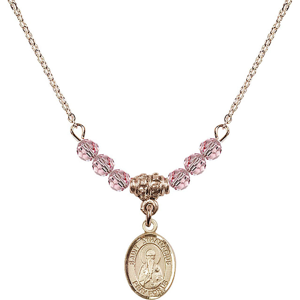 14kt Gold Filled Saint Athanasius Birthstone Necklace with Light Rose Beads - 9296
