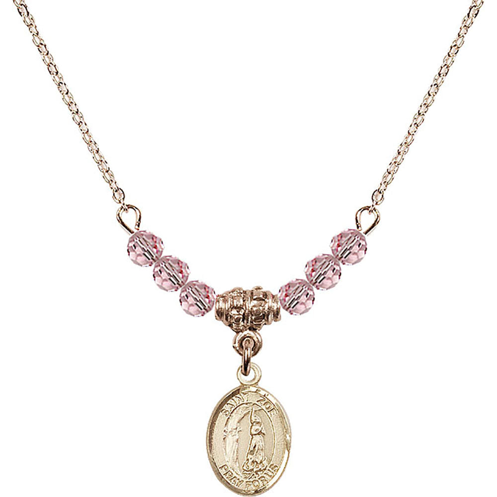 14kt Gold Filled Saint Zoe of Rome Birthstone Necklace with Light Rose Beads - 9314