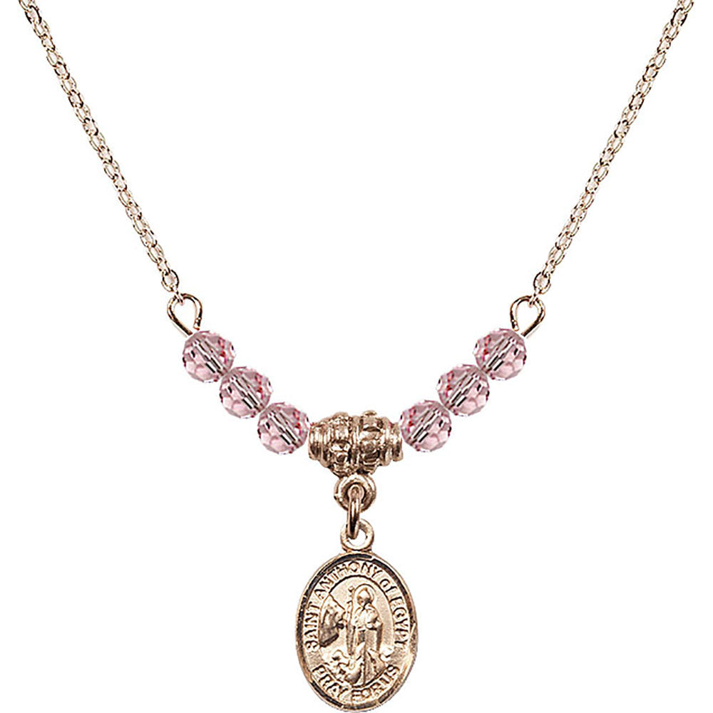 14kt Gold Filled Saint Anthony of Egypt Birthstone Necklace with Light Rose Beads - 9317