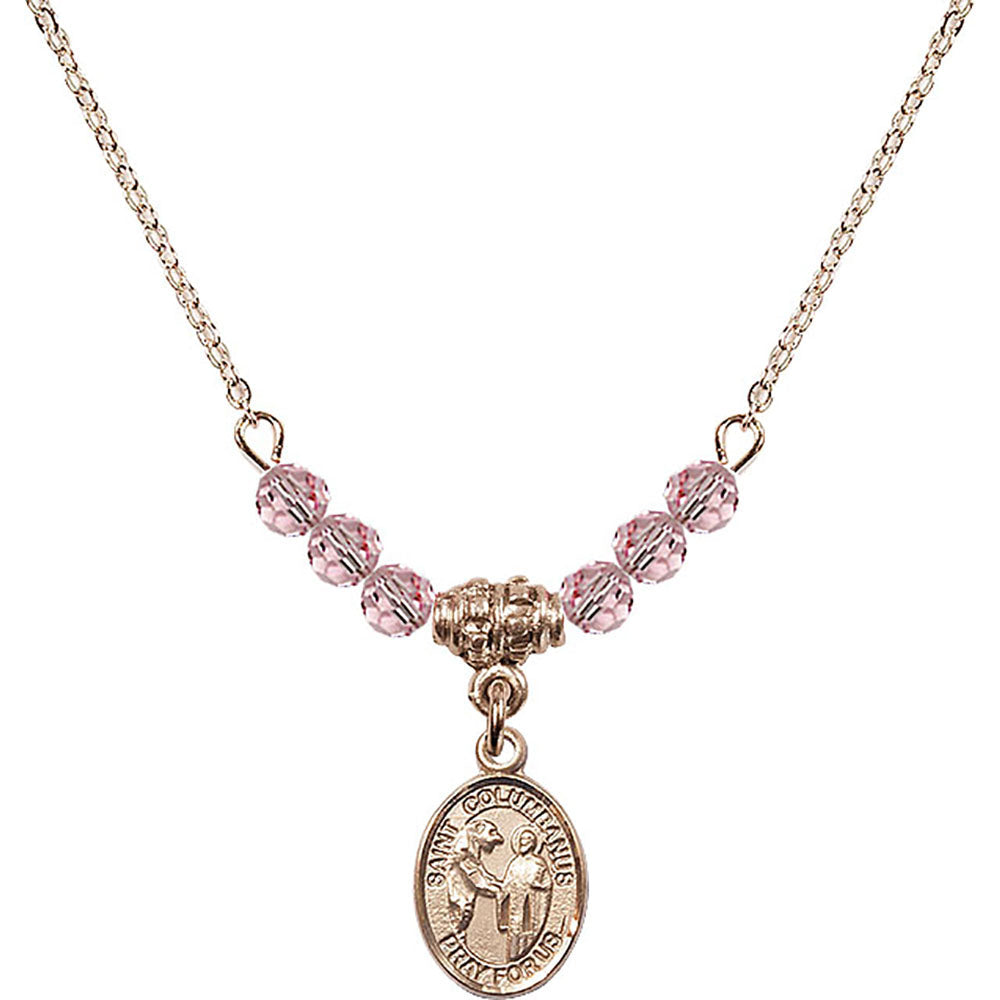 14kt Gold Filled Saint Columbanus Birthstone Necklace with Light Rose Beads - 9321