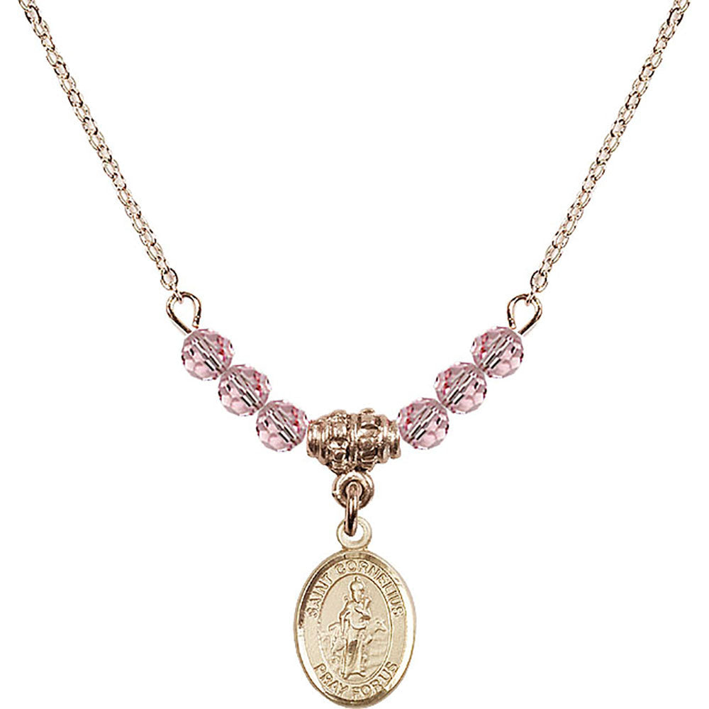 14kt Gold Filled Saint Cornelius Birthstone Necklace with Light Rose Beads - 9325