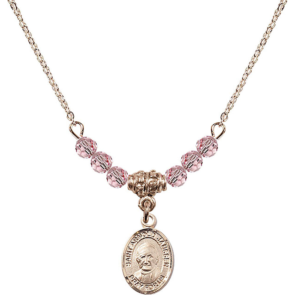 14kt Gold Filled Saint Arnold Janssen Birthstone Necklace with Light Rose Beads - 9328