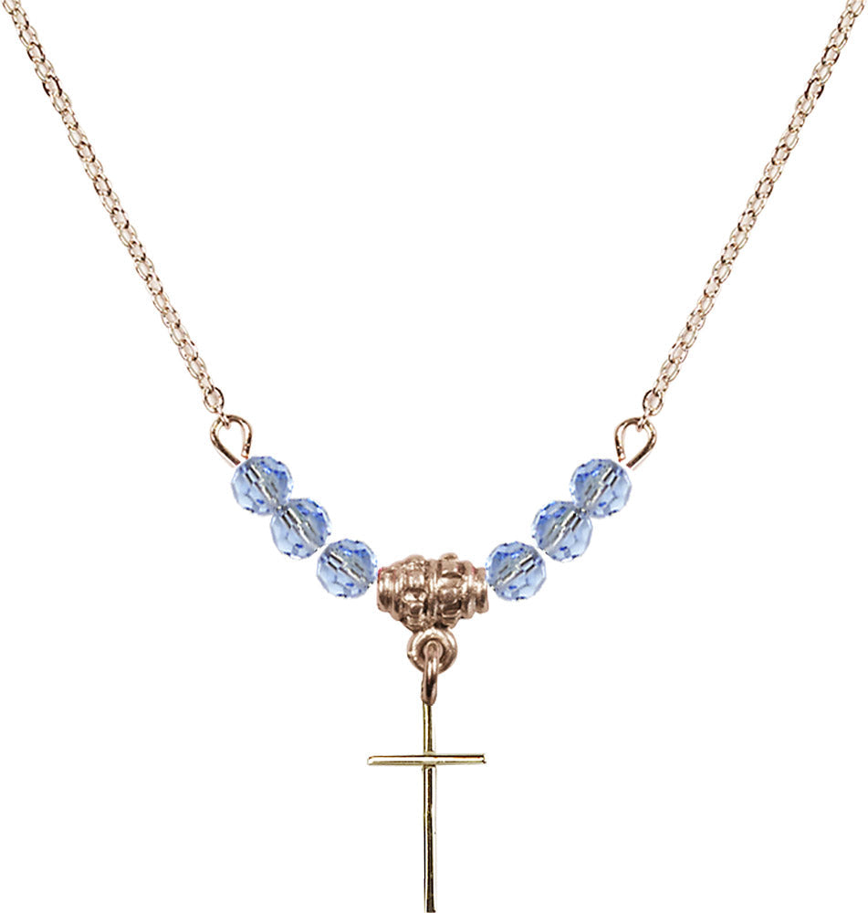 14kt Gold Filled Cross Birthstone Necklace with Light Sapphire Beads - 0014