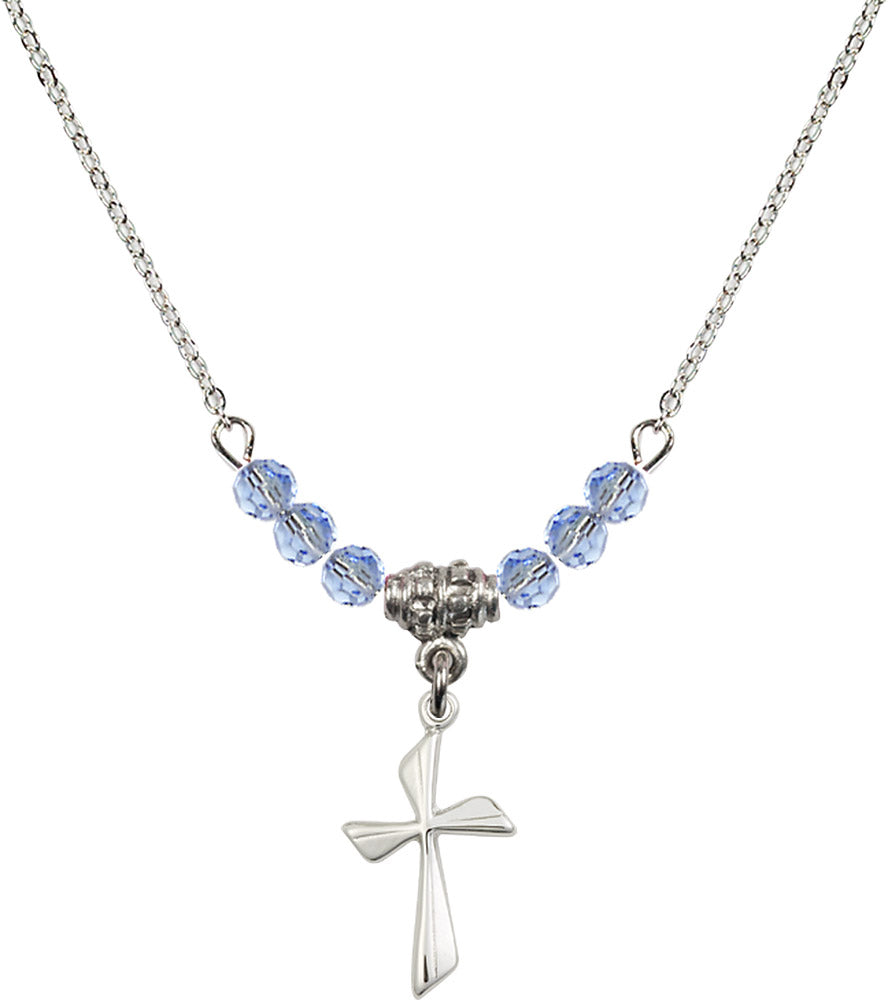 Sterling Silver Cross Birthstone Necklace with Light Sapphire Beads - 0016