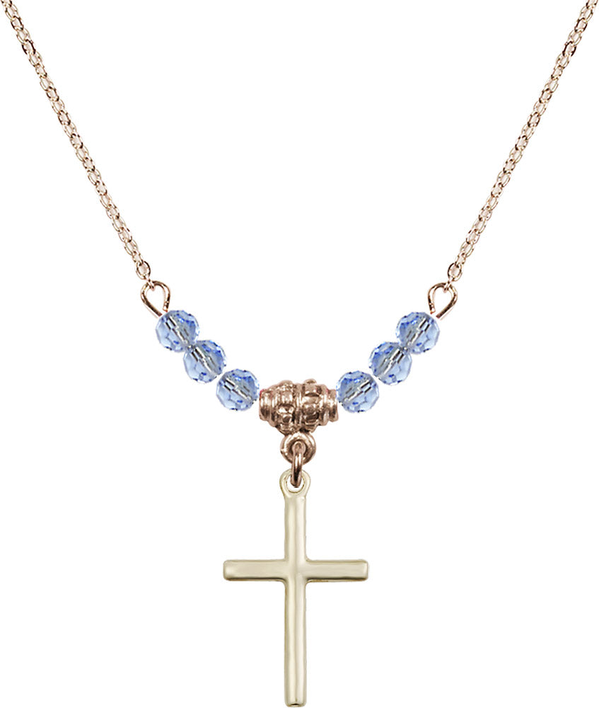 14kt Gold Filled Cross Birthstone Necklace with Light Sapphire Beads - 0017