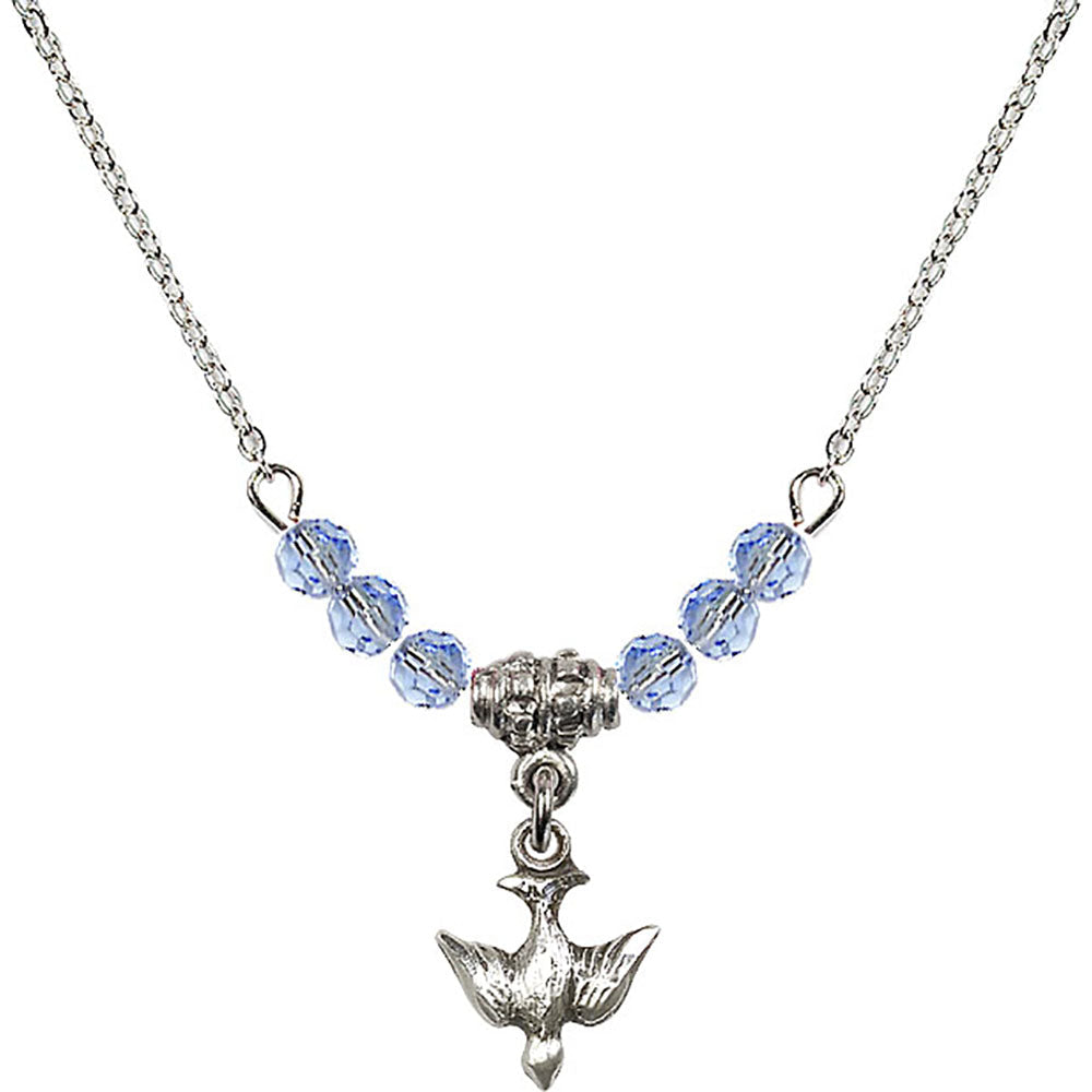 Sterling Silver Holy Spirit Birthstone Necklace with Light Sapphire Beads - 0208