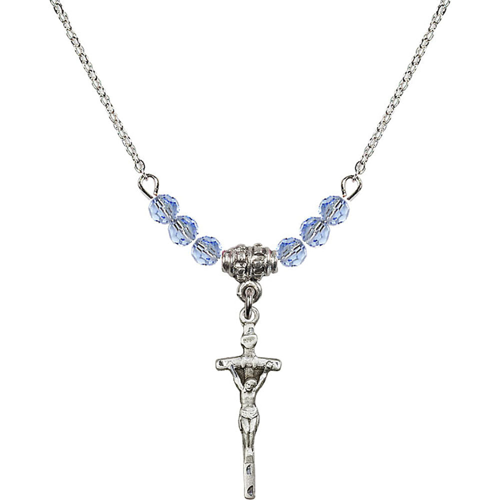 Sterling Silver Papal Crucifix Birthstone Necklace with Light Sapphire Beads - 0563