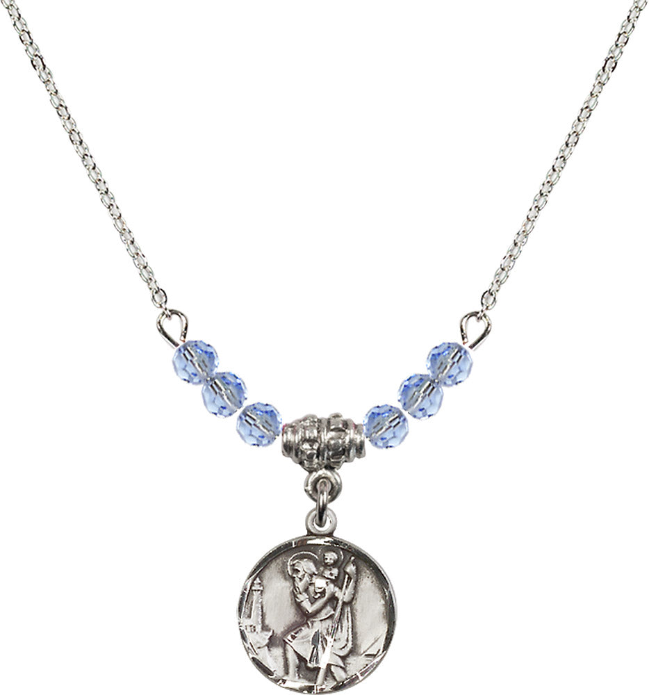Sterling Silver Saint Christopher Birthstone Necklace with Light Sapphire Beads - 0601