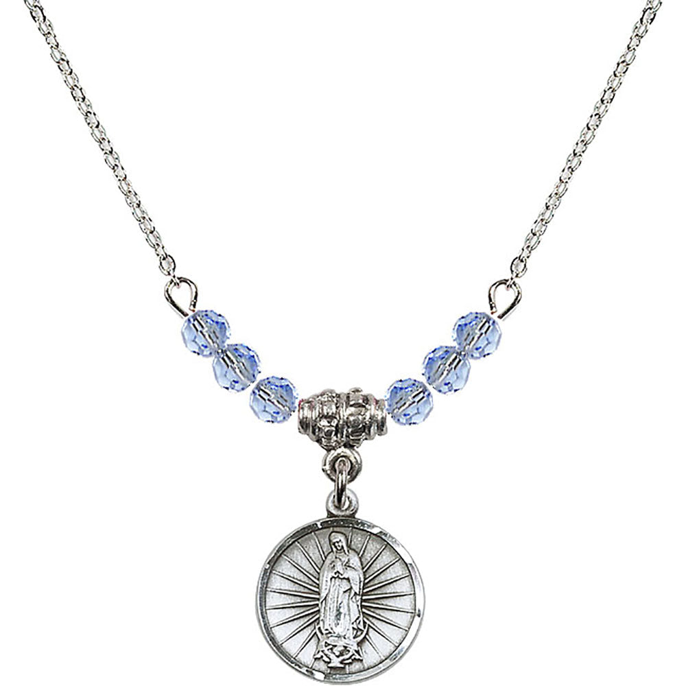 Sterling Silver Our Lady of Guadalupe Birthstone Necklace with Light Sapphire Beads - 0601