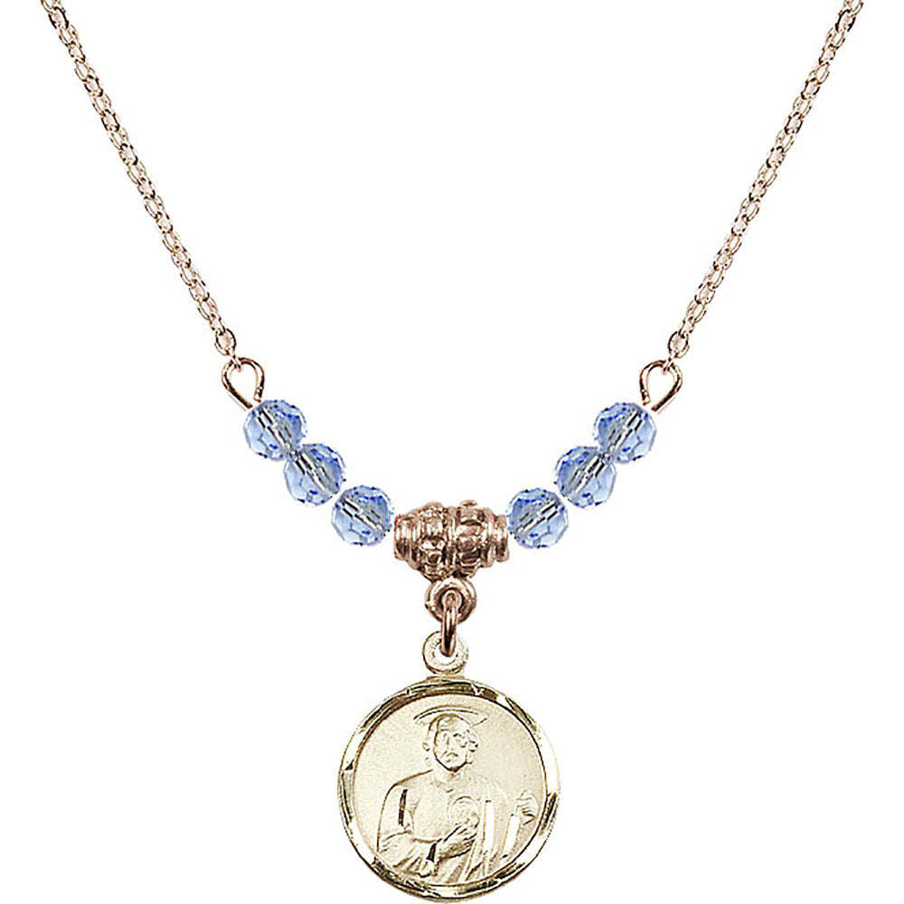 14kt Gold Filled Saint Jude Birthstone Necklace with Light Sapphire Beads - 0601