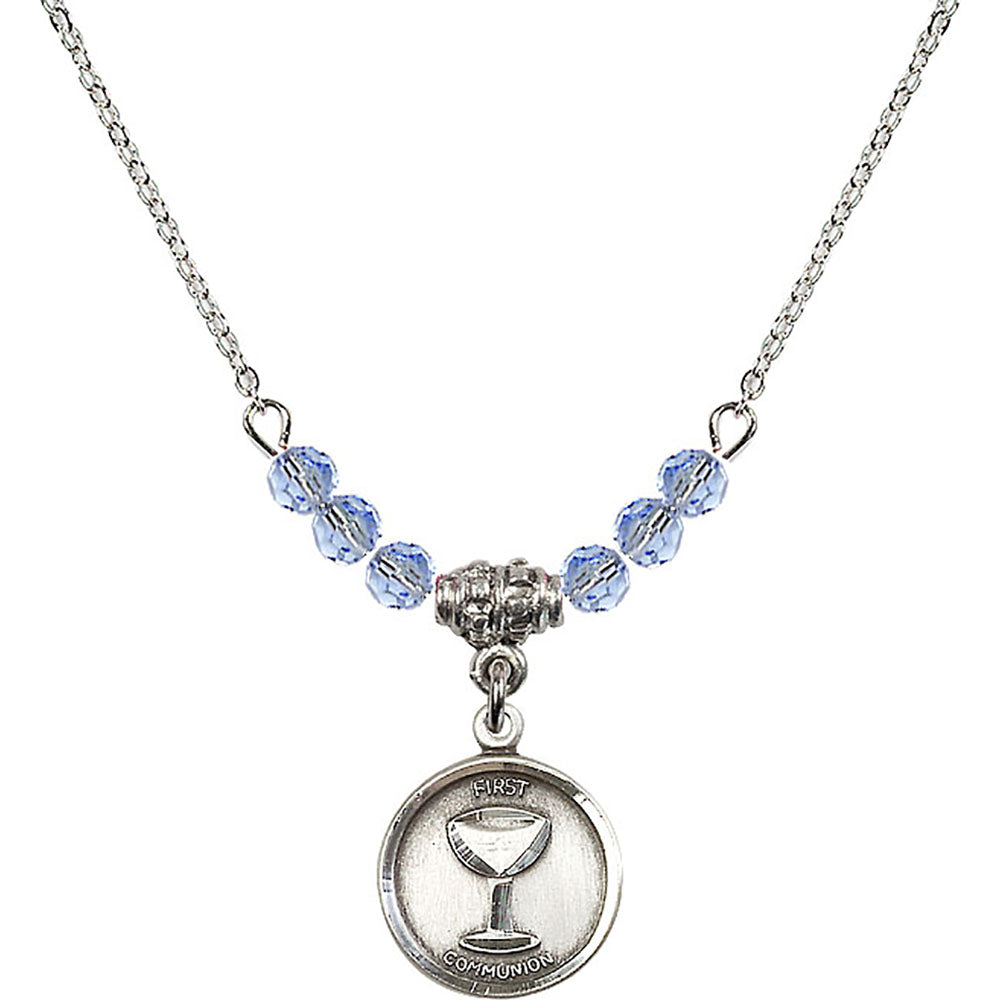 Sterling Silver Communion Birthstone Necklace with Light Sapphire Beads - 0601