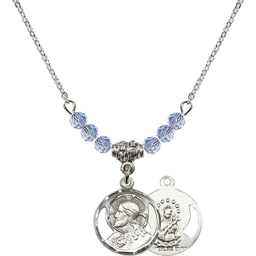 Sterling Silver Scapular Birthstone Necklace with Light Sapphire Beads - 0611