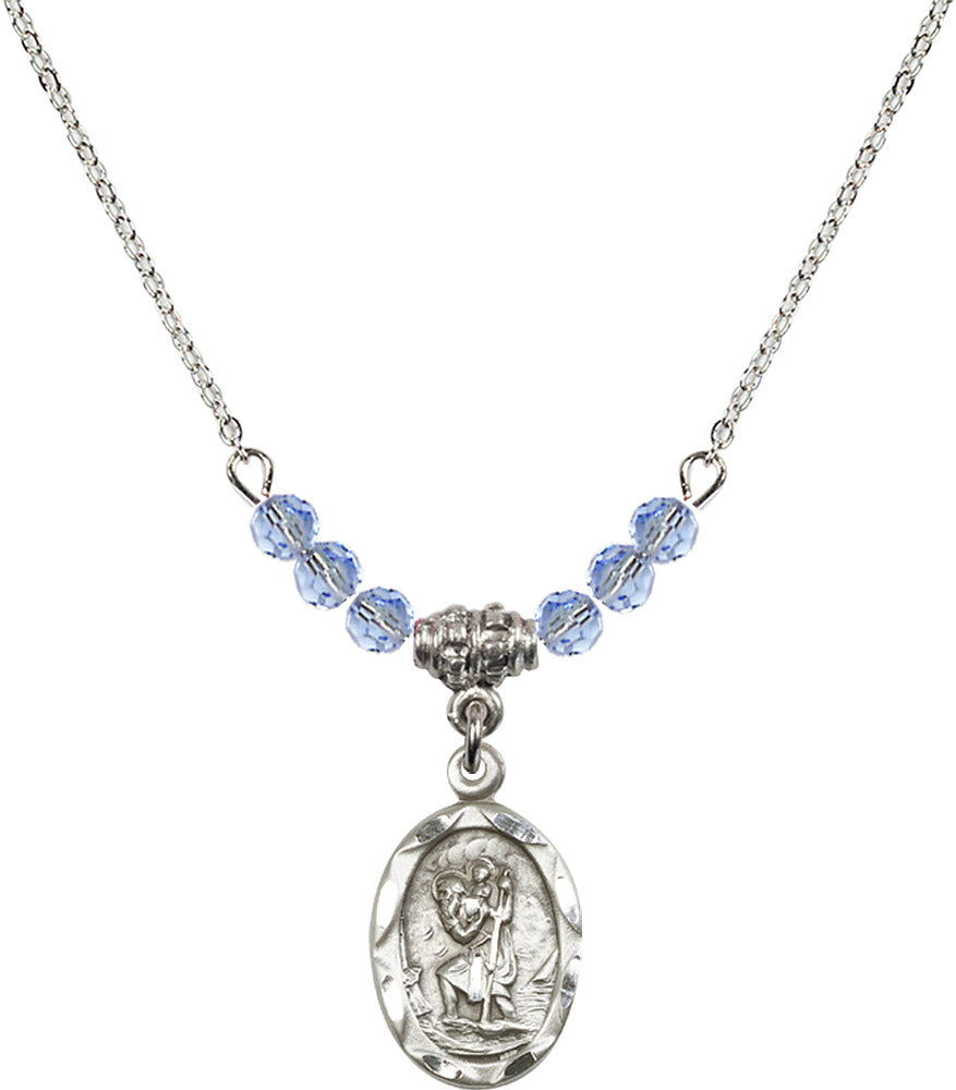 Sterling Silver Saint Christopher Birthstone Necklace with Light Sapphire Beads - 0612