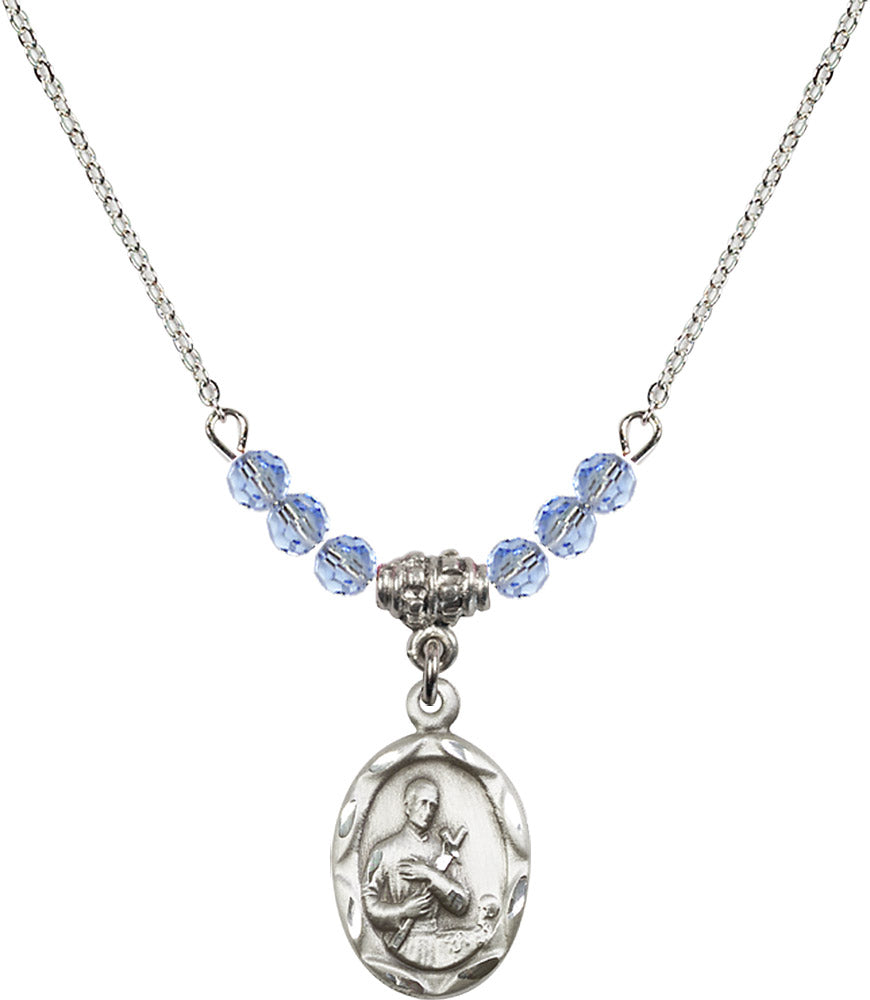 Sterling Silver Saint Gerard Birthstone Necklace with Light Sapphire Beads - 0612