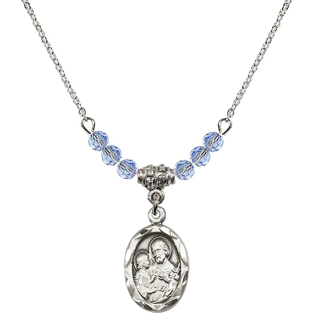 Sterling Silver Saint Joseph Birthstone Necklace with Light Sapphire Beads - 0612
