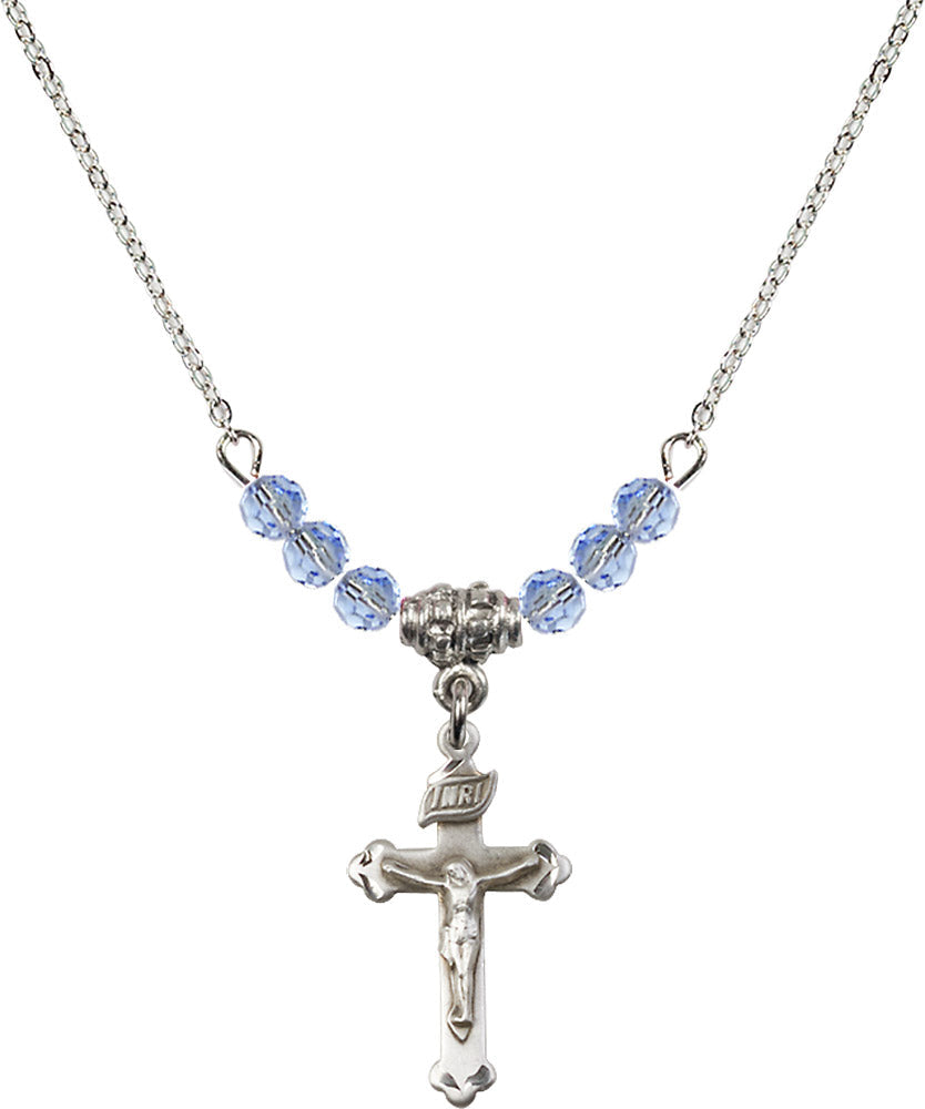 Sterling Silver Crucifix Birthstone Necklace with Light Sapphire Beads - 0669