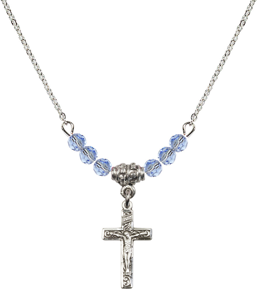 Sterling Silver Crucifix Birthstone Necklace with Light Sapphire Beads - 0672