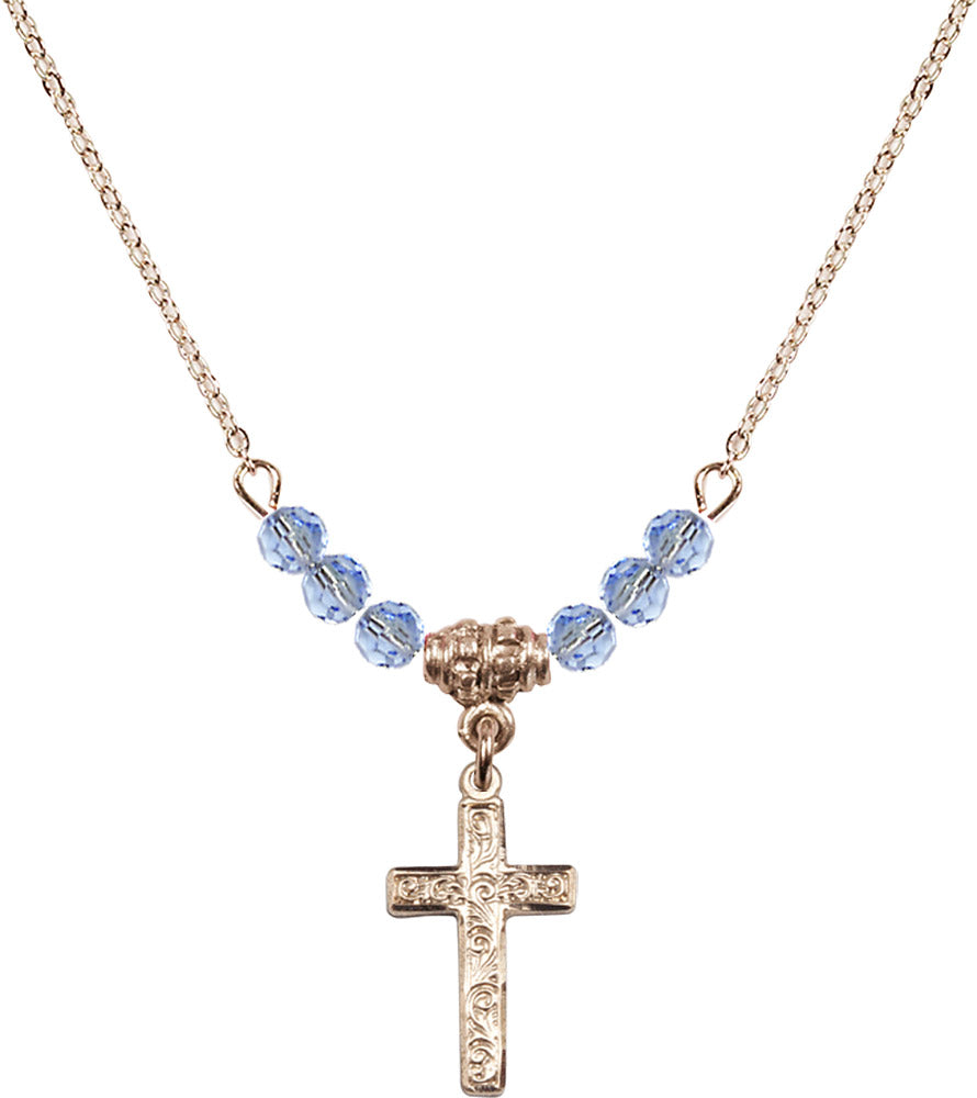14kt Gold Filled Cross Birthstone Necklace with Light Sapphire Beads - 0672