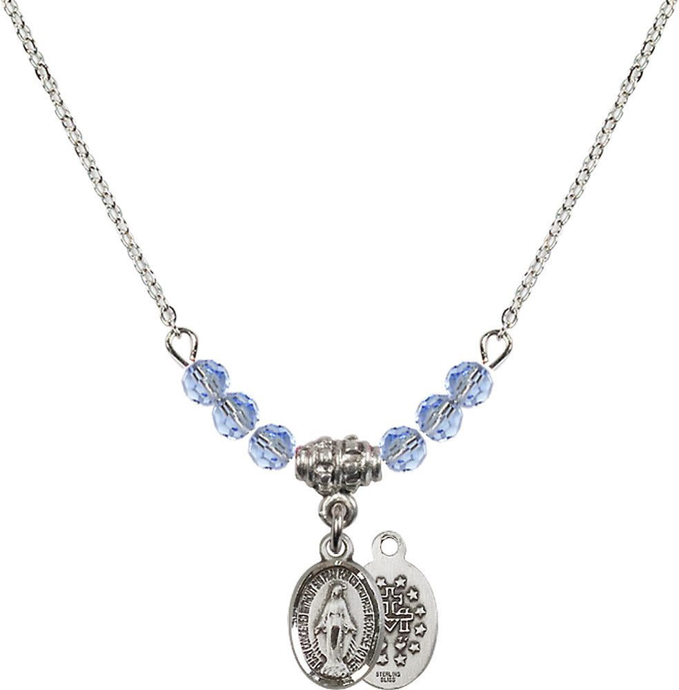 Sterling Silver Miraculous Birthstone Necklace with Light Sapphire Beads - 0702