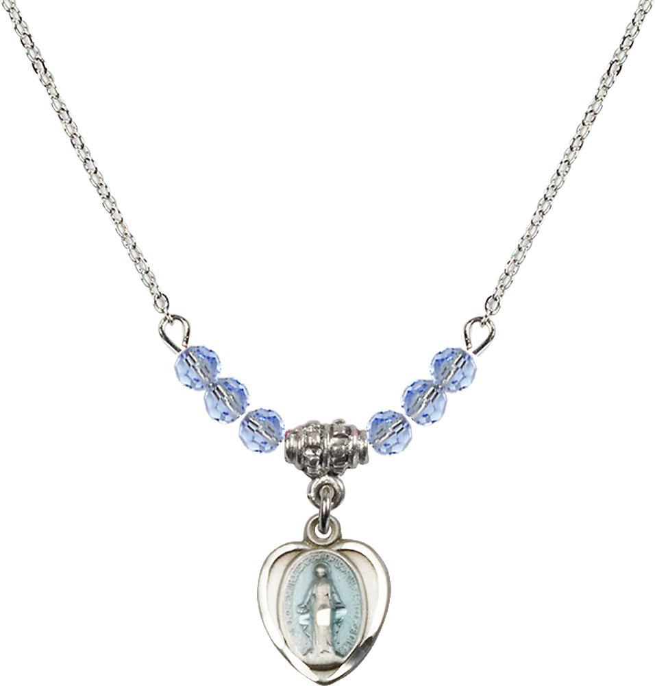 Sterling Silver Miraculous Birthstone Necklace with Light Sapphire Beads - 0706